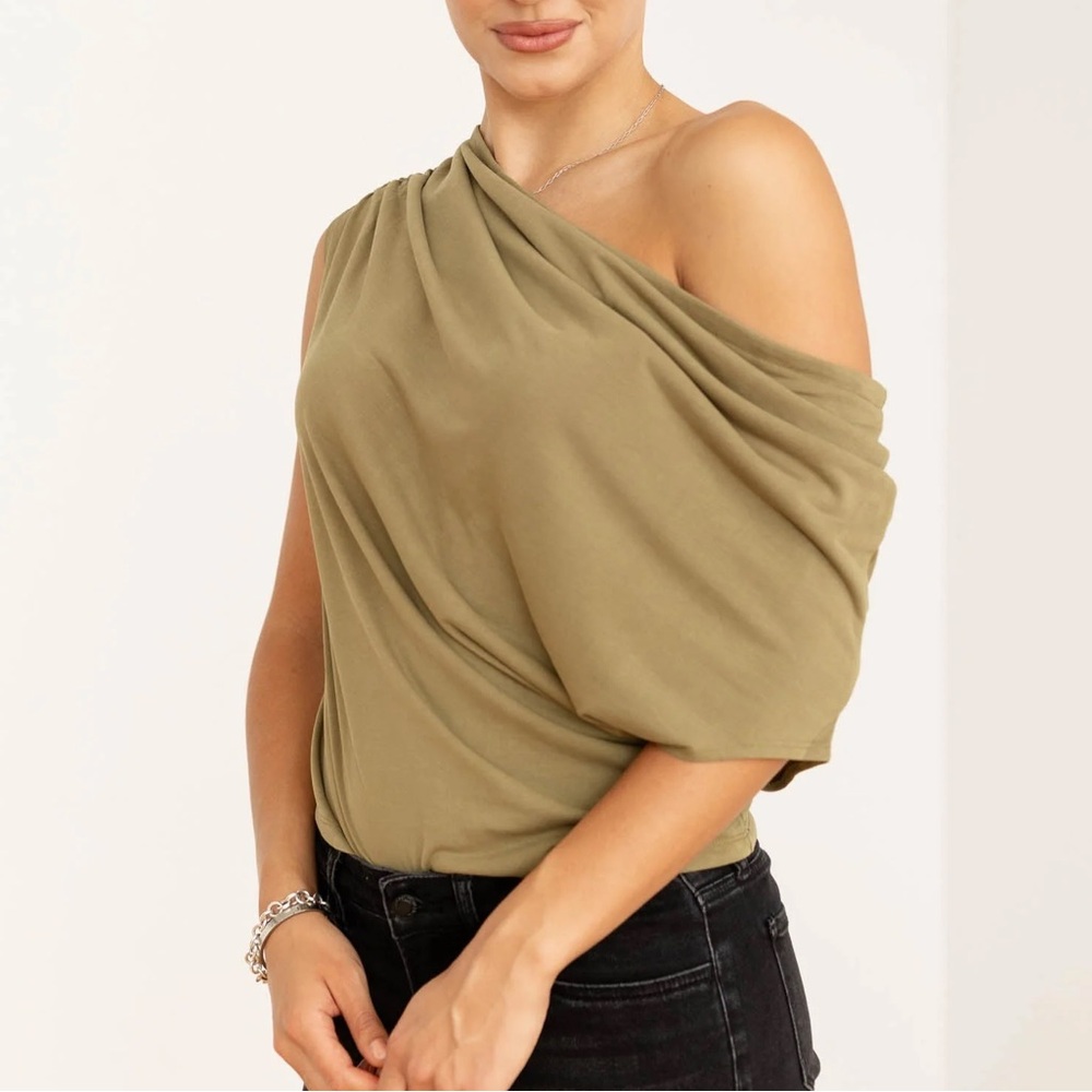 Free People Olive One-Shoulder Draped Top